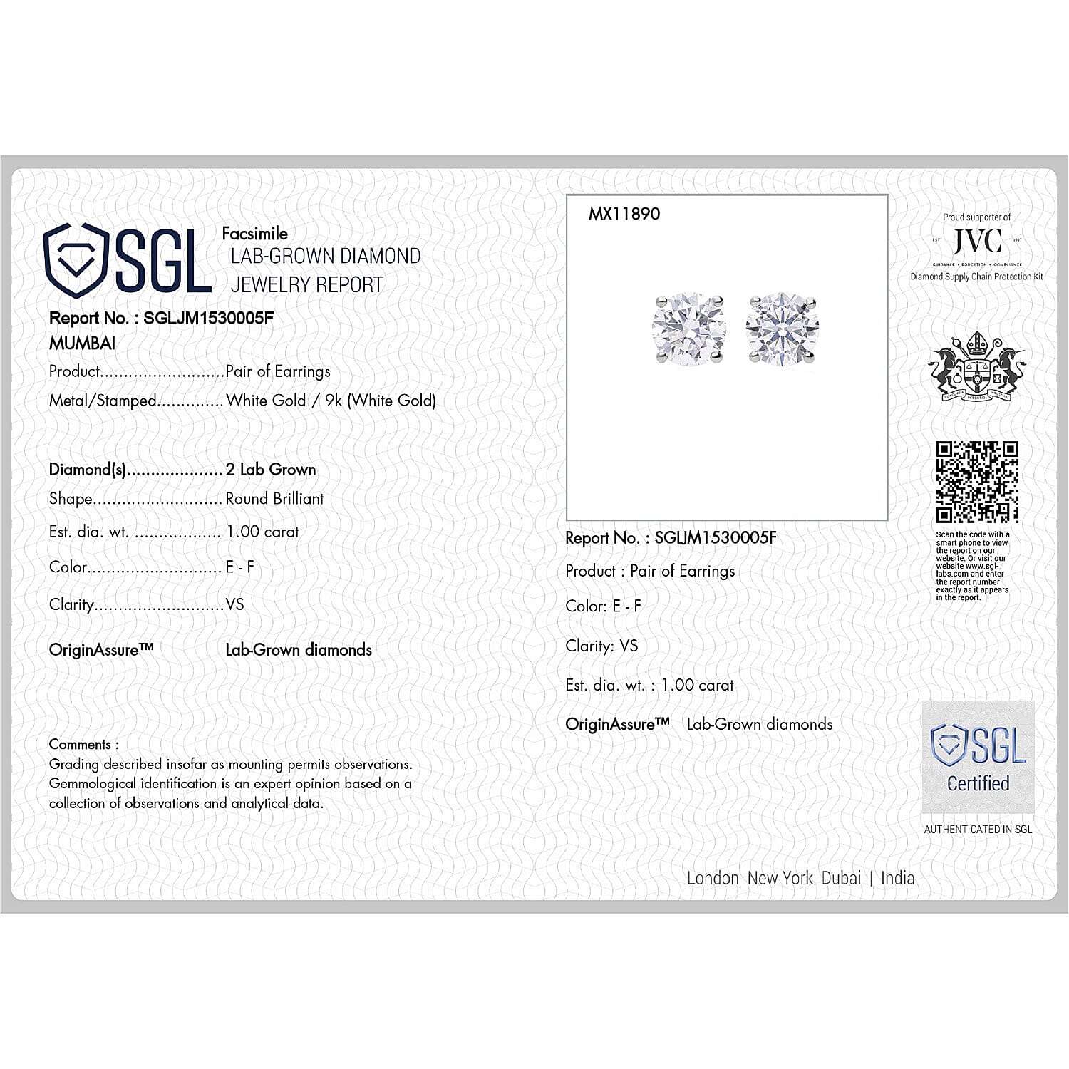 LUXURIANT 1 Ct. Lab Grown Diamond Solitaire Stud Push Back Earrings in 9K White Gold SGL Certified (VS/E-F) 8136137 9