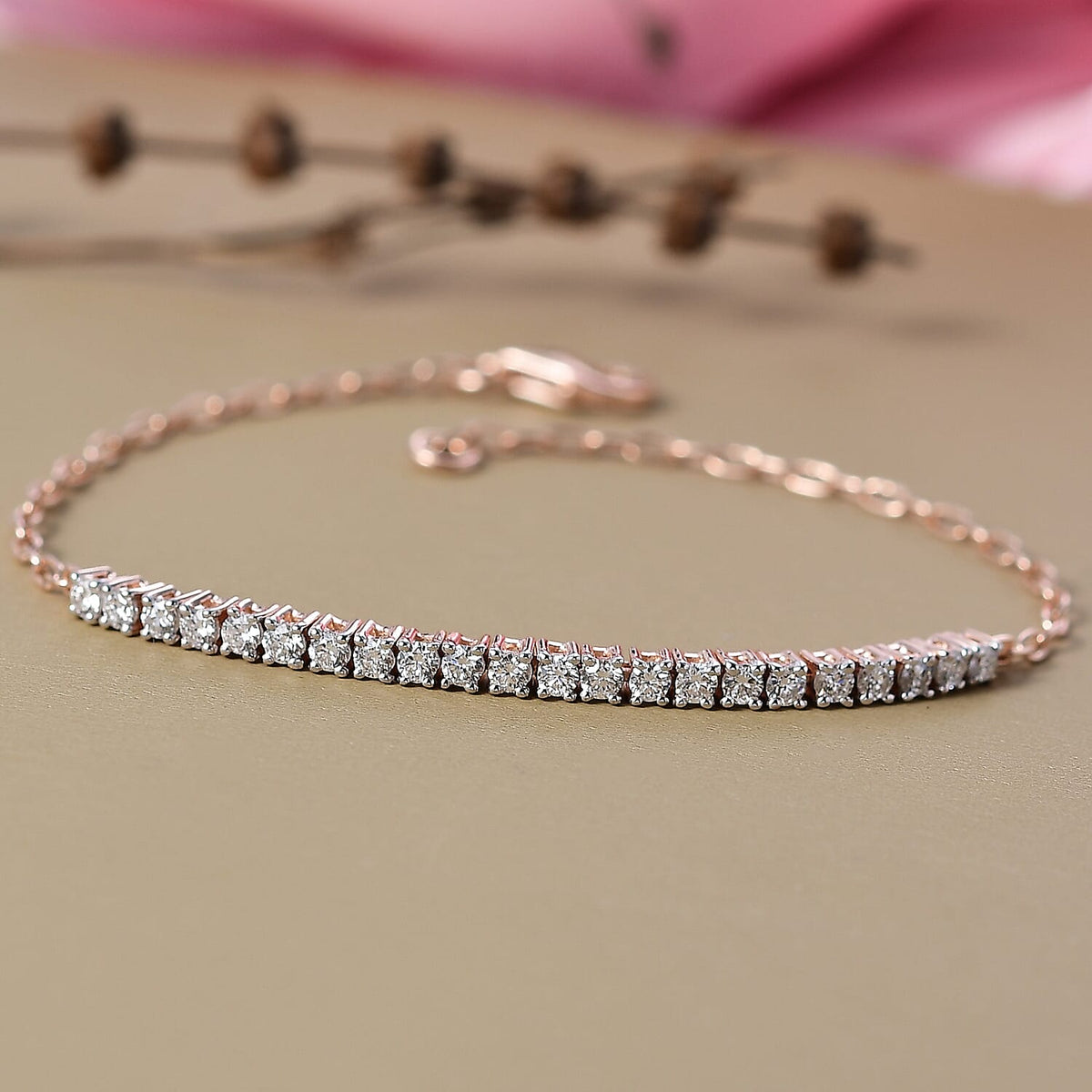 LUXURIANT 1 Ct. Lab Grown Diamond Tennis Chain Bracelet (Size - 7.5) with Lobster Clasp in 18K Vermeil Rose Gold Plated Sterling Silver (SI/GH) 8285590 2