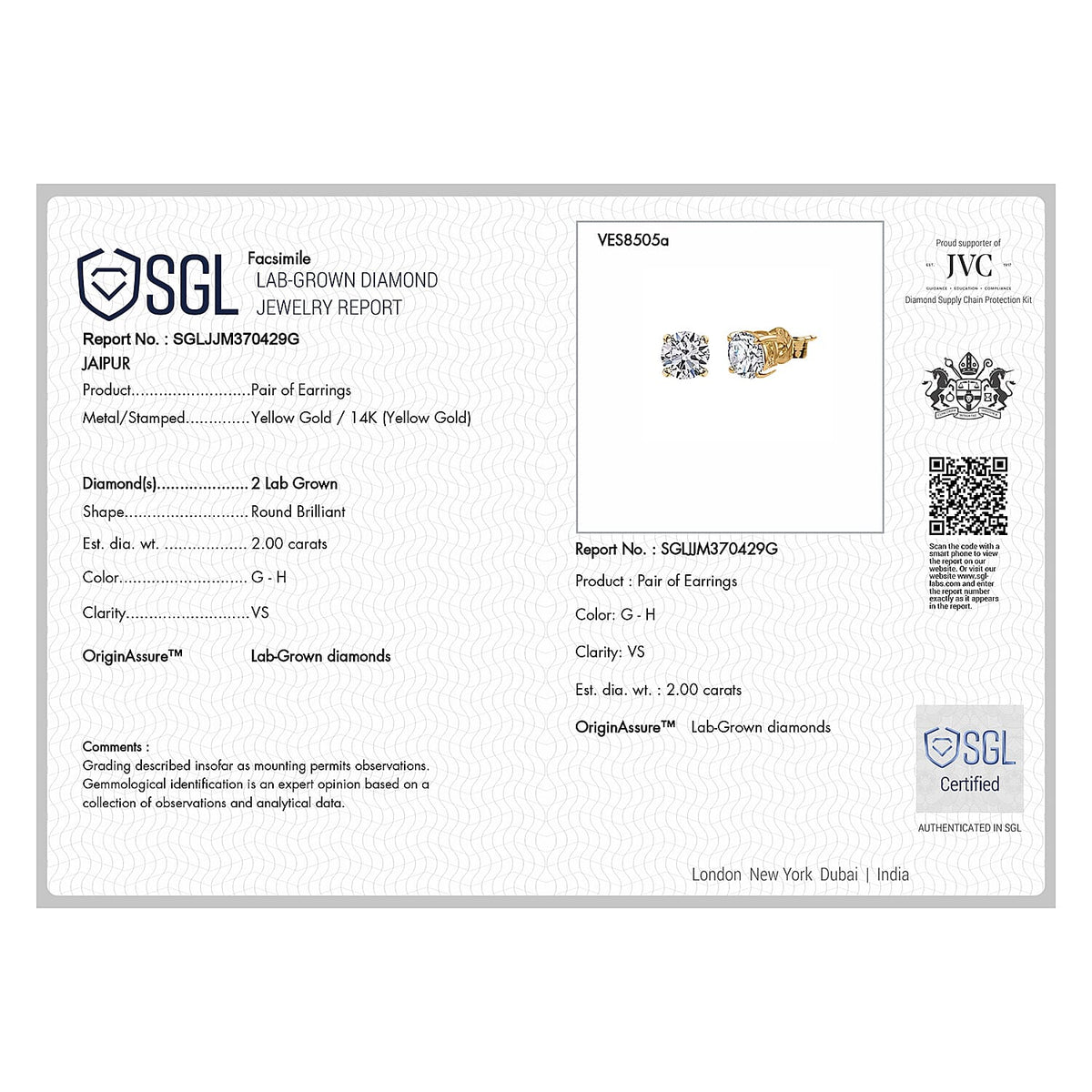 LUXURIANT 2 Ct. Lab Grown Diamond Solitaire Stud Earrings with Screw Back in 14K Yellow Gold SGL Certified (VS-GH) 7977603 9