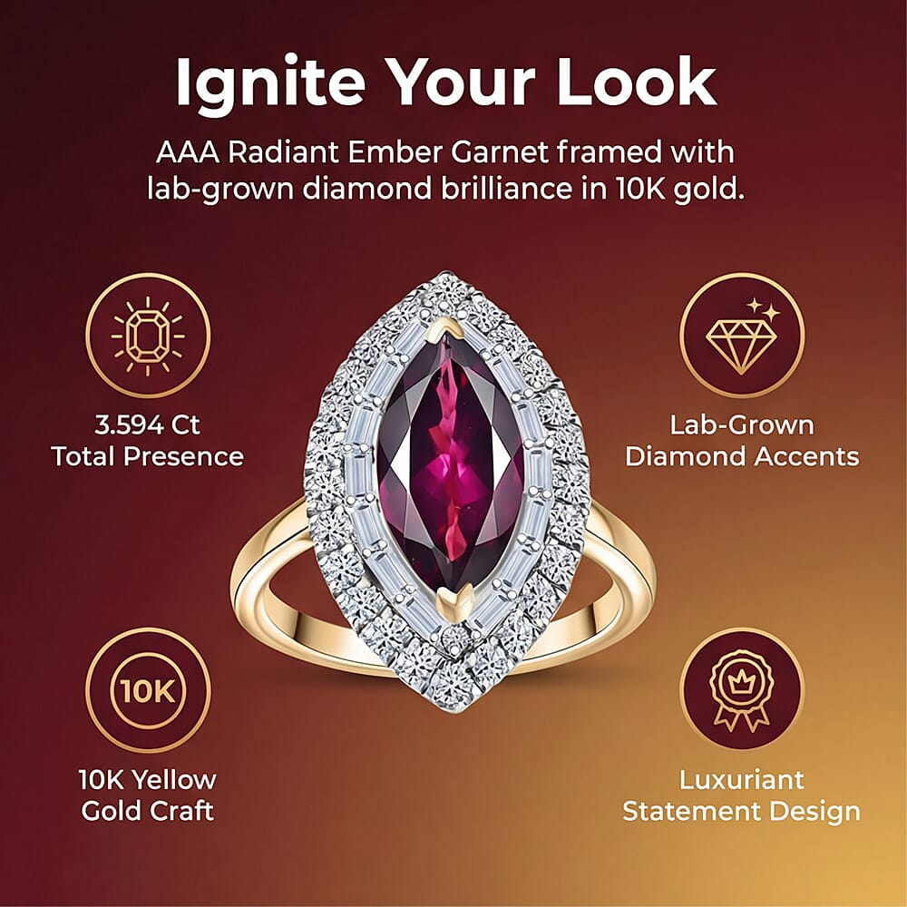 Certified &amp; Appraised LUXURIANT 2.7 Ct. AAA Radiant Ember Garnet, Lab Grown Diamond Double Halo Ring in 10K Yellow Gold 8284536 12