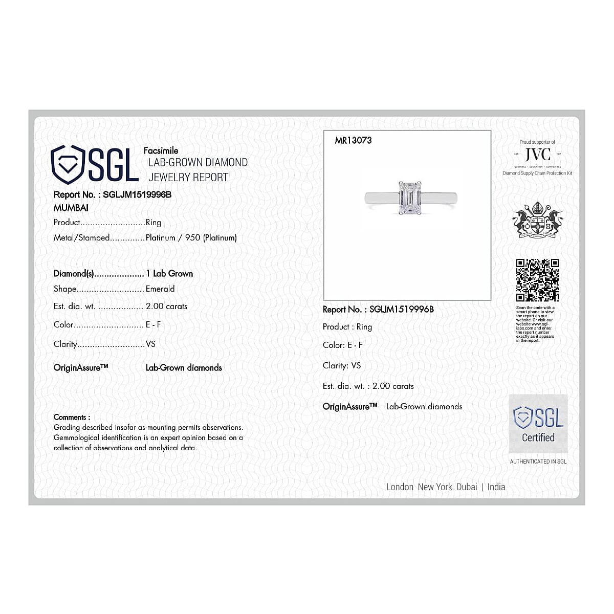 Luxuriant Diamond - 950 Platinum SGL Certified Lab Grown Diamond Emerald Cut  (VS-G-H) Ring 2.00 Ct. 7984768 13
