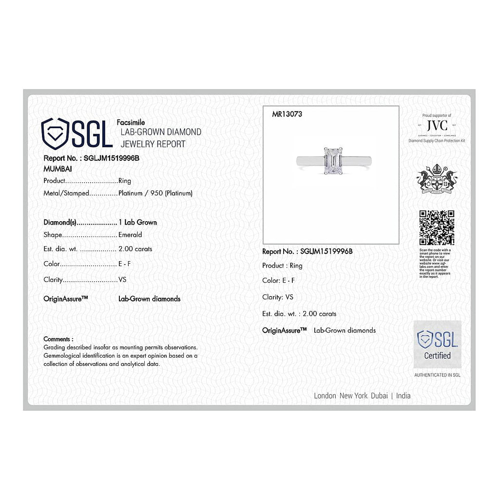 Luxuriant Diamond - 950 Platinum SGL Certified Lab Grown Diamond Emerald Cut  (VS-G-H) Ring 2.00 Ct.
