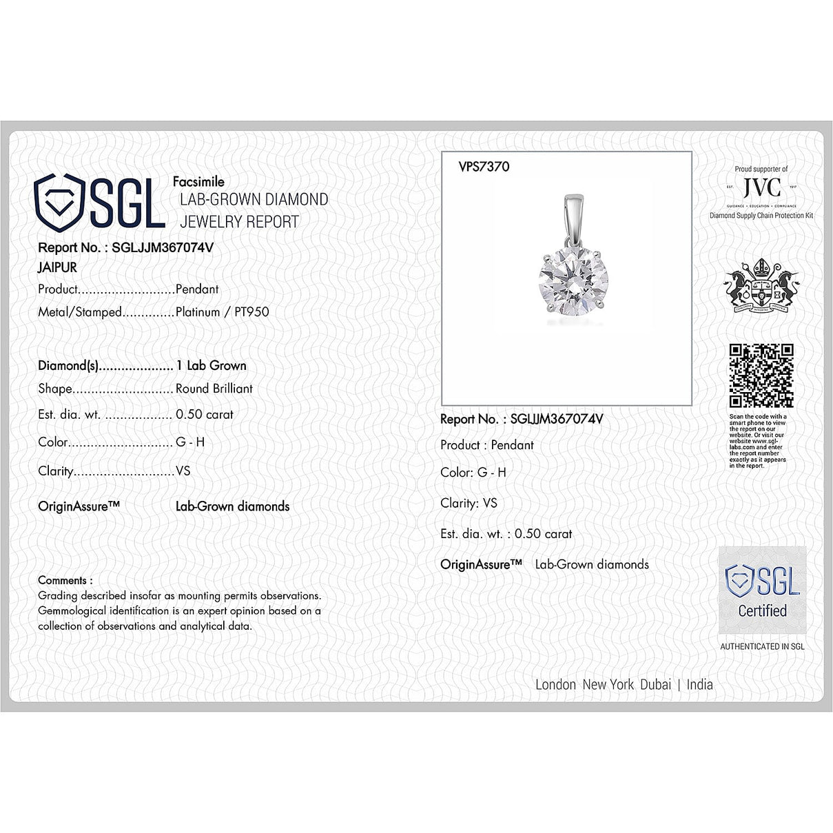 LUXURIANT 950 Platinum SGL Certified Lab Grown Diamond (VS-E/F) Solitaire Pendant 7956191 7