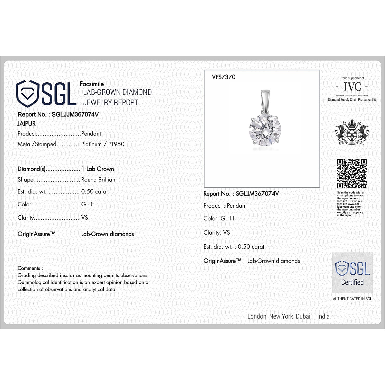 LUXURIANT 950 Platinum SGL Certified Lab Grown Diamond (VS-E/F) Solitaire Pendant 7956191 7