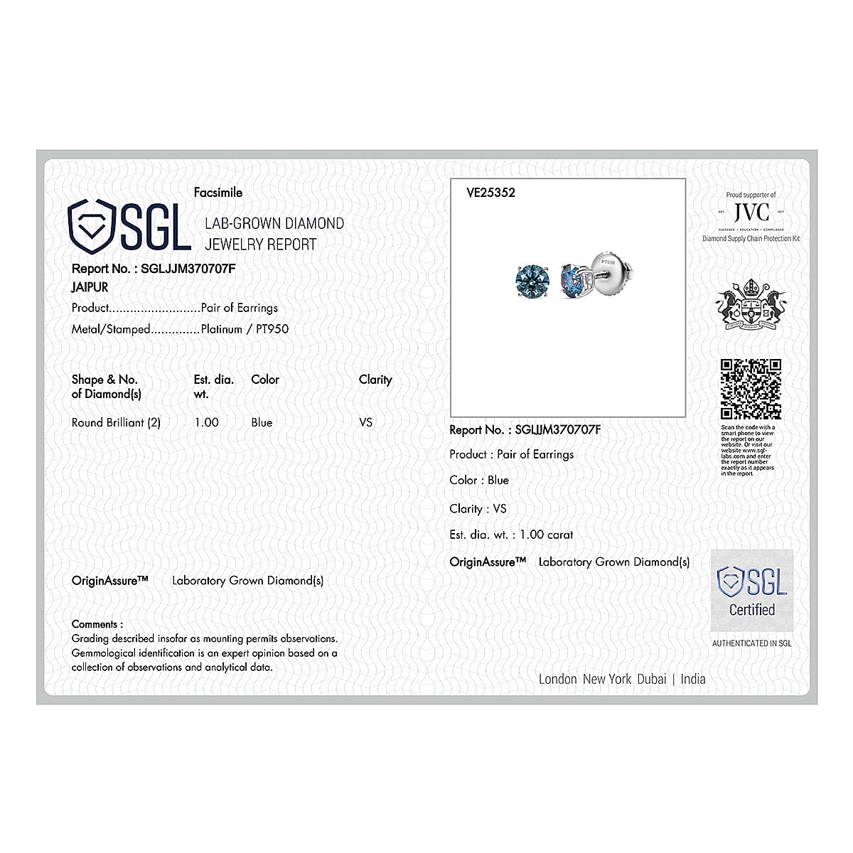 LUXURIANT 950 Platinum SGL Certified Lab Grown VS Blue Diamond Solitaire Studs With Screw Back Earring 1 Ct. 8020445 7