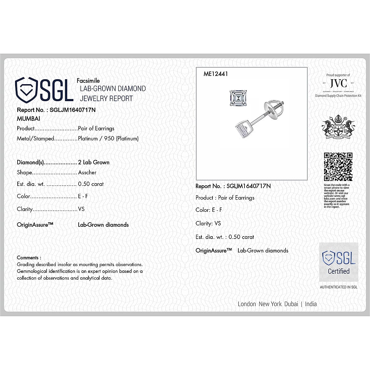 LUXURIANT 950 Platinum SGL Certified (VS/E-F) Asscher Cut  Lab Grown Diamond Earring 0.54 Ct. V32622420 7