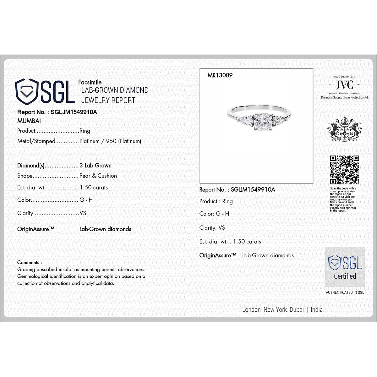 LUXURIANT 950 Platinum SGL Certified VS/GH Lab Grown Diamond Ring 1.50 Ct. V32648521 6
