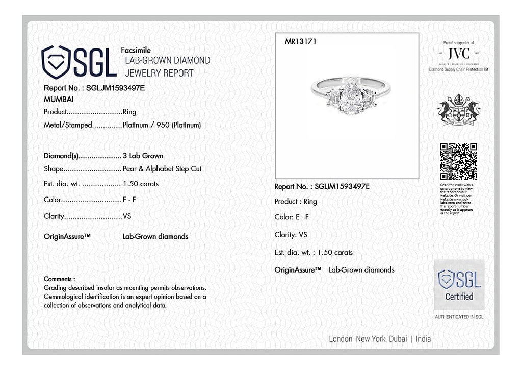 Luxuriant 950 Platinum SGL Certified Lab Grown Diamond (VS) 3 Stone Ring 1.50 Ct, Platinum Wt. 4.15 Gms.