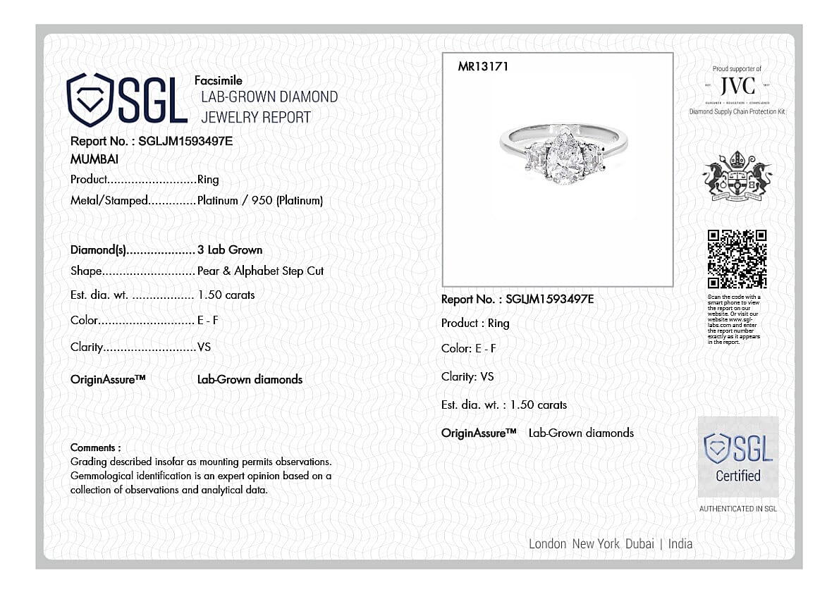 LUXURIANT 1.50 Ct. Lab Grown Diamond Ring in 950 Platinum SGL Certified (VS-EF) 8132110 8
