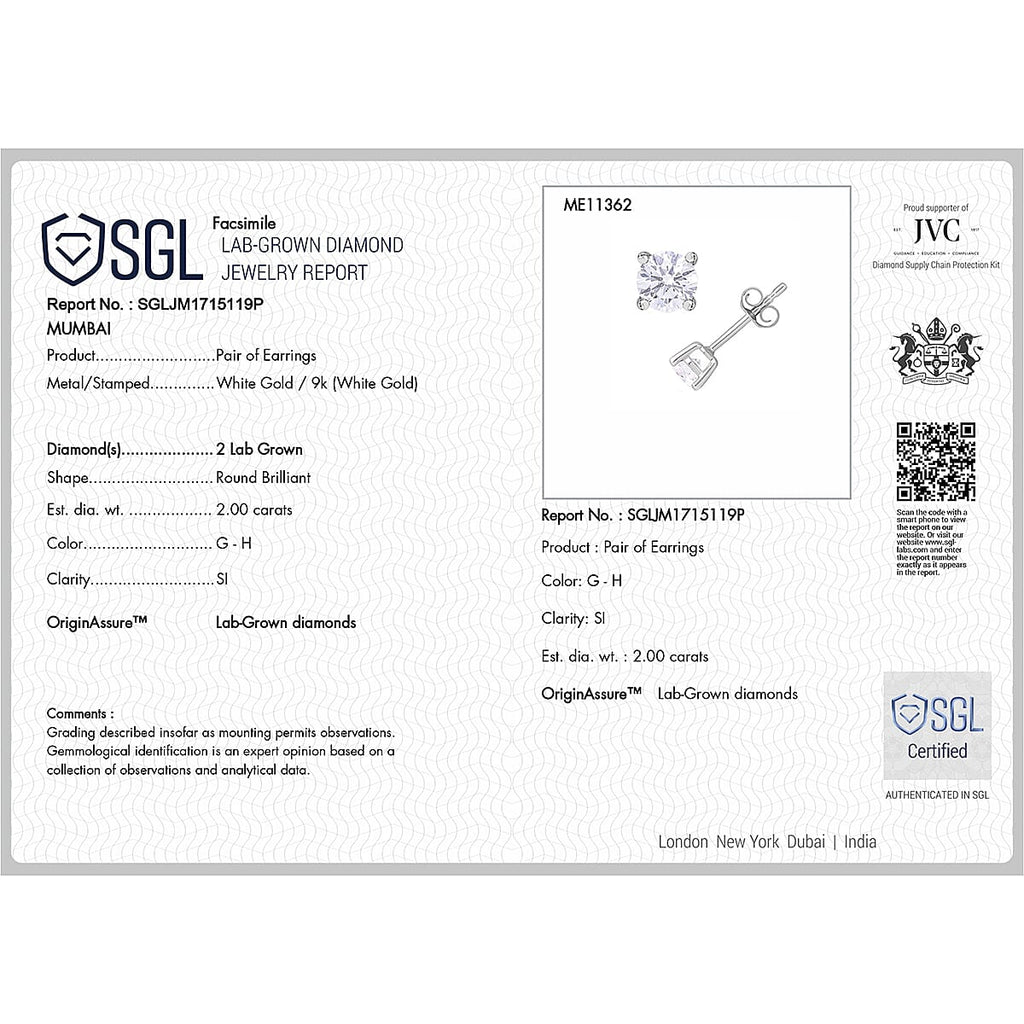Luxuriant 9K White Gold SGL Certified (SI-GH) Round Brilliant Cut Lab Grown Diamond Stud Push Back Earrings 2.01 Ct.