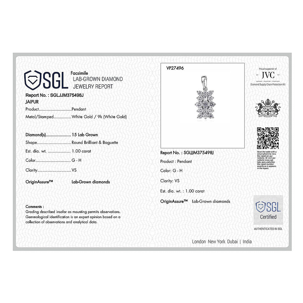 Luxuriant 9K White Gold SGL Certified Lab Grown Diamond (VS-GH) Boat Pendant 1.00 Ct.