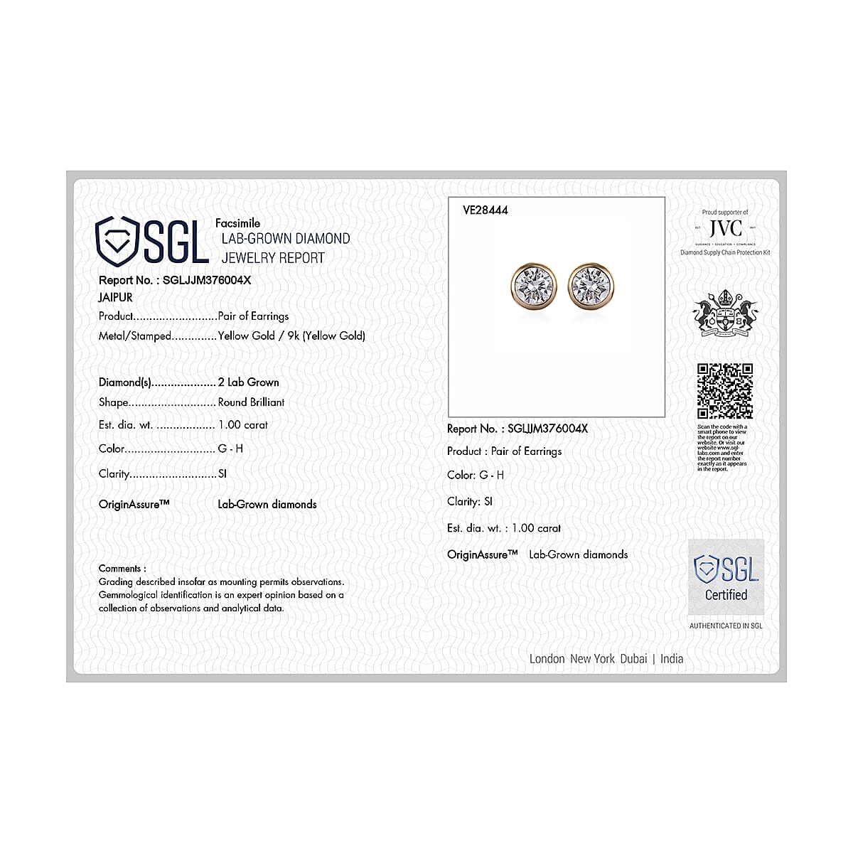 LUXURIANT 1 Ct. Lab Grown Diamond Solitaire Stud Push Post Earring in 9K Yellow Gold SGL Certified SI/G-H 8084606 5
