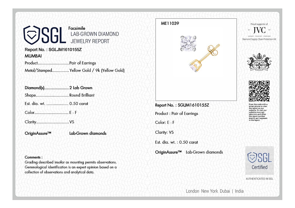LUXURIANT 0.50 Ct. Lab Grown Diamond Solitaire Stud Earring in 9K Yellow Gold SGL Certified (VS-EF) 8161888 7