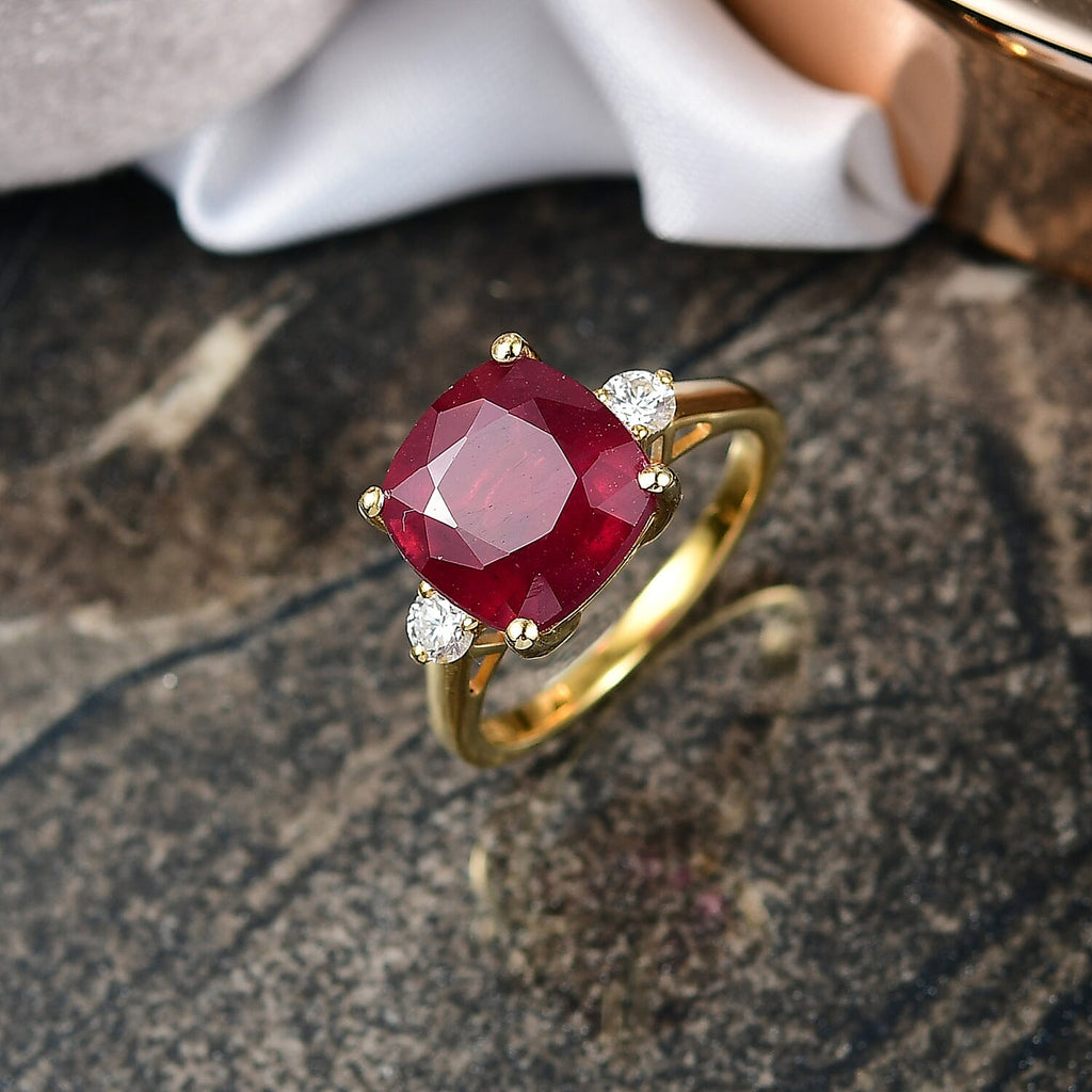 Luxuriant African Ruby & Lab Grown Diamond (SI-GH) Ring in 18K Vermeil Yellow Gold Plated Sterling Silver 6.76 Ct.