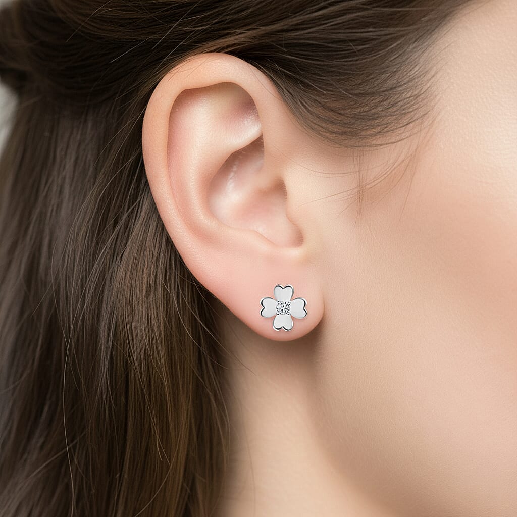 LUXURIANT Lab Grown Diamond (SI G/H) Floral Stud Push Back Earring in Rhodium Overlay Sterling Silver 8093626 3