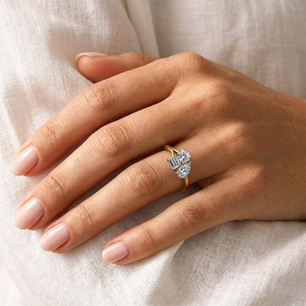 Luxuriant Lab Grown Diamond (VS-EF) 3 Stone Ring in 18K Vermeil Yellow Gold Plated Sterling Silver 0.77 Ct.