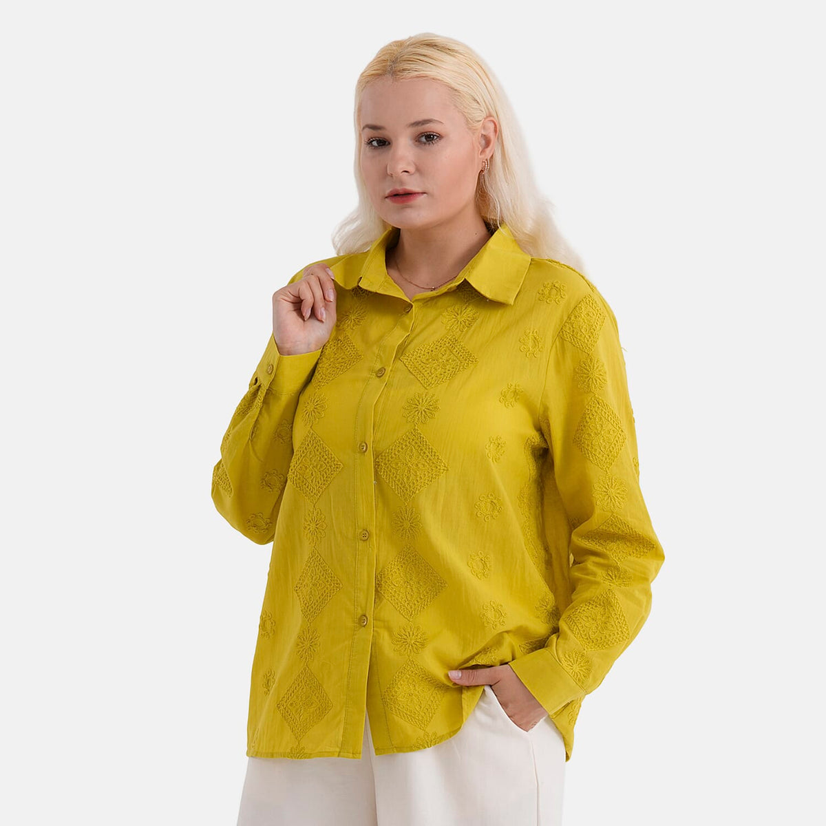 La Marey 100% Cotton Embroidered Shirt (Size 16 to 18) - Yellow 8345389 4
