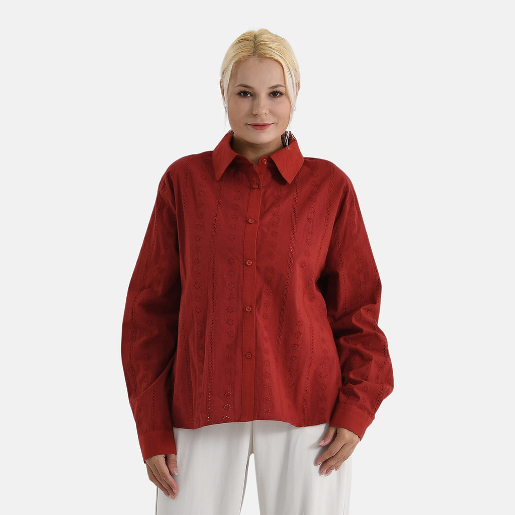La Marey 100% Cotton Embroidered Shirt (Size 16 To 18) - Wine