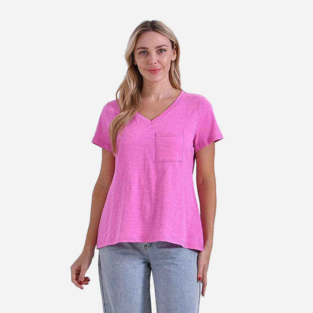 La Marey 100% Cotton Short Sleeve V-Neck Casual Top (Size M) - Pink