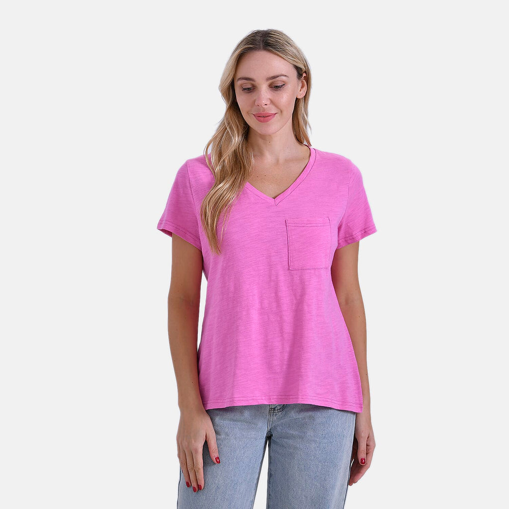 La Marey 100% Cotton Short Sleeve V-Neck Casual Top (Size M) - Pink