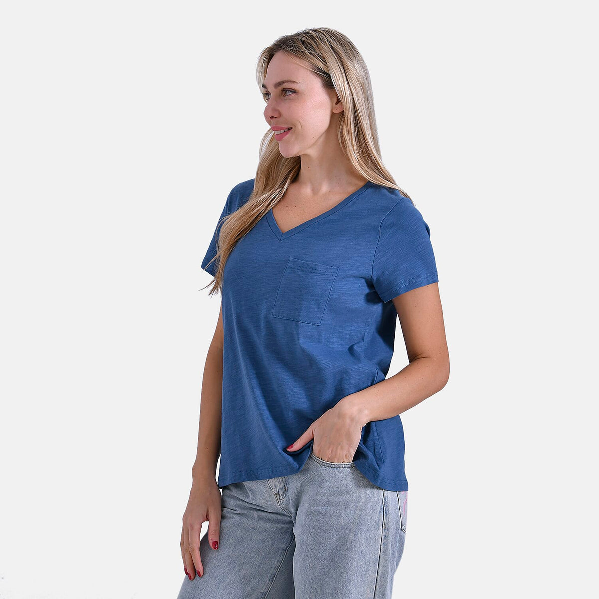 La Marey 100% Cotton Short Sleeve V-Neck Casual Top (Size 16-18) - Navy V32527607 3