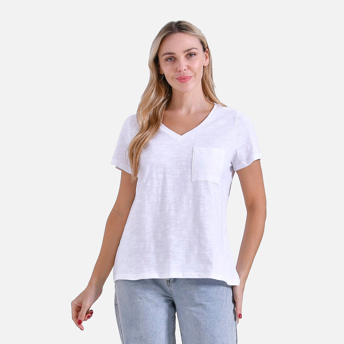 La Marey 100% Cotton Short Sleeve V-Neck Top with Pocket (Size XL) - White 7979995 0