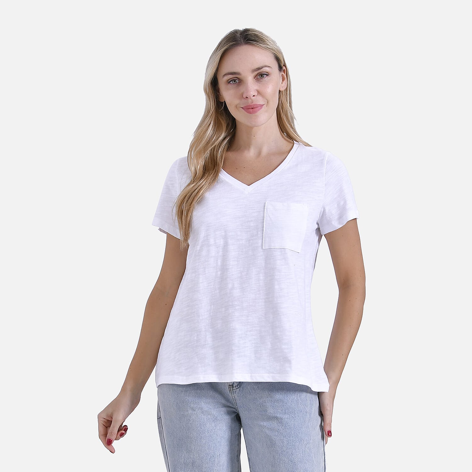 La Marey 100% Cotton Short Sleeve V-Neck Top with Pocket (Size XL) - White 7979995 0