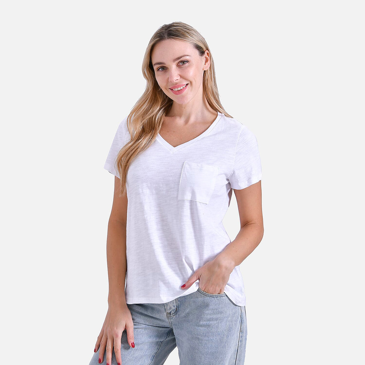 La Marey 100% Cotton Short Sleeve V-Neck Top with Pocket (Size XL) - White 7979995 3