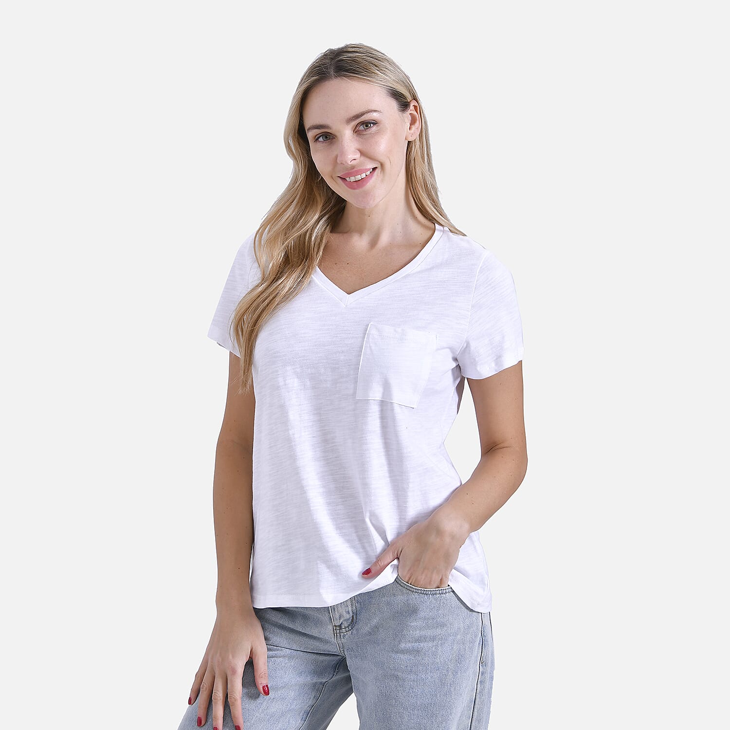 La Marey 100% Cotton Short Sleeve V-Neck Top with Pocket (Size XL) - White 7979995 3