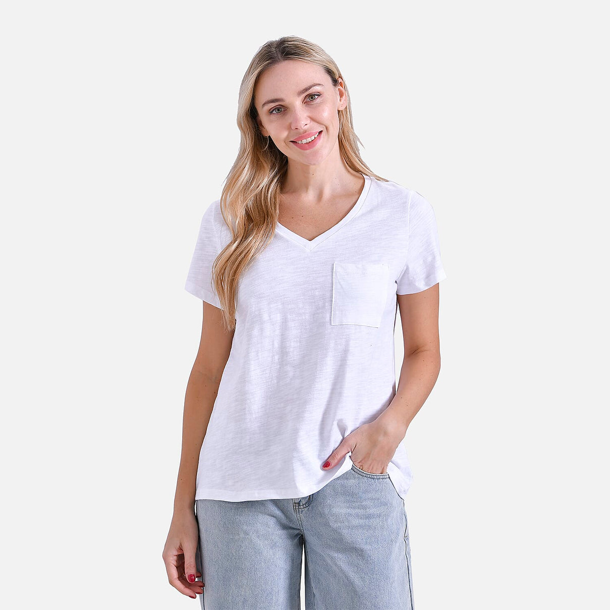 La Marey 100% Cotton Short Sleeve V-Neck Top with Pocket (Size XL) - White 7979995 4