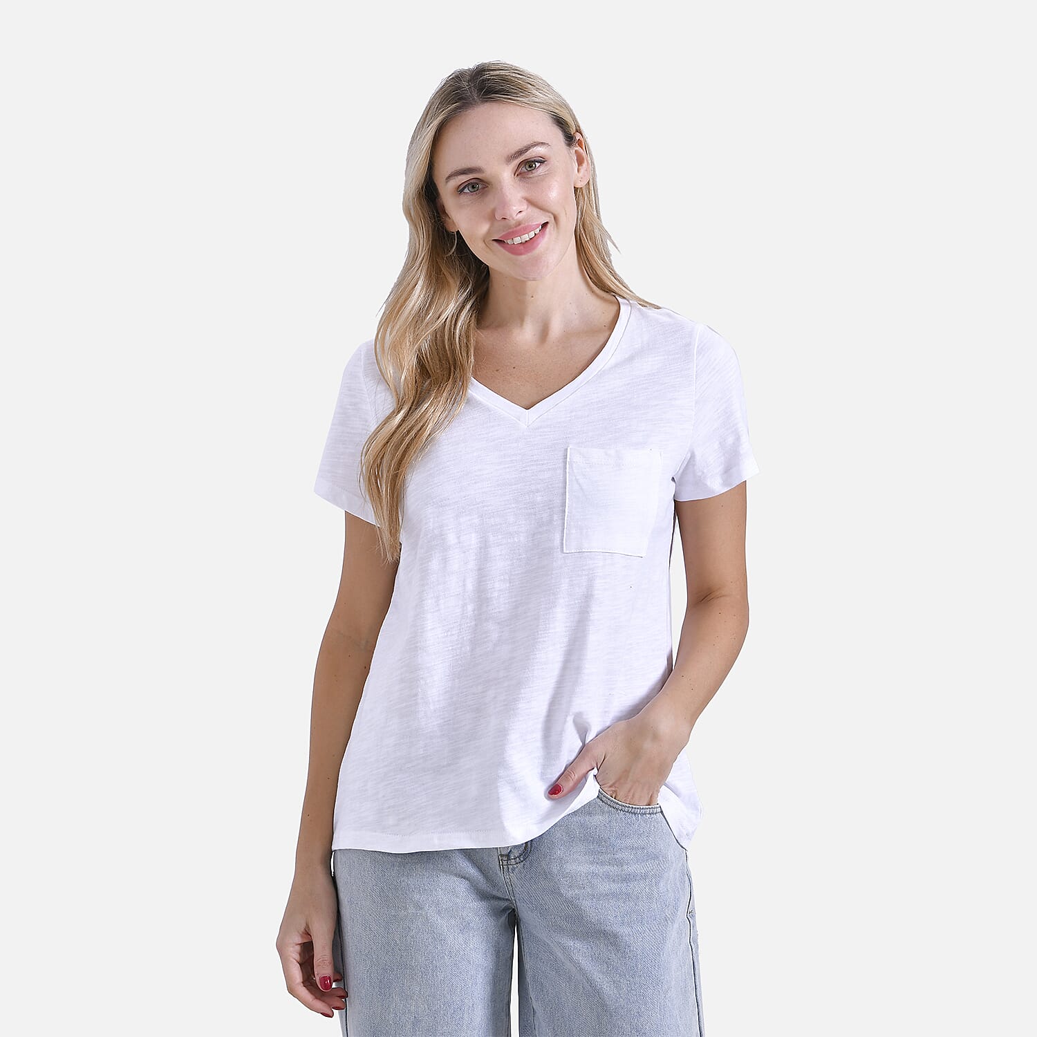 La Marey 100% Cotton Short Sleeve V-Neck Top with Pocket (Size XL) - White 7979995 4