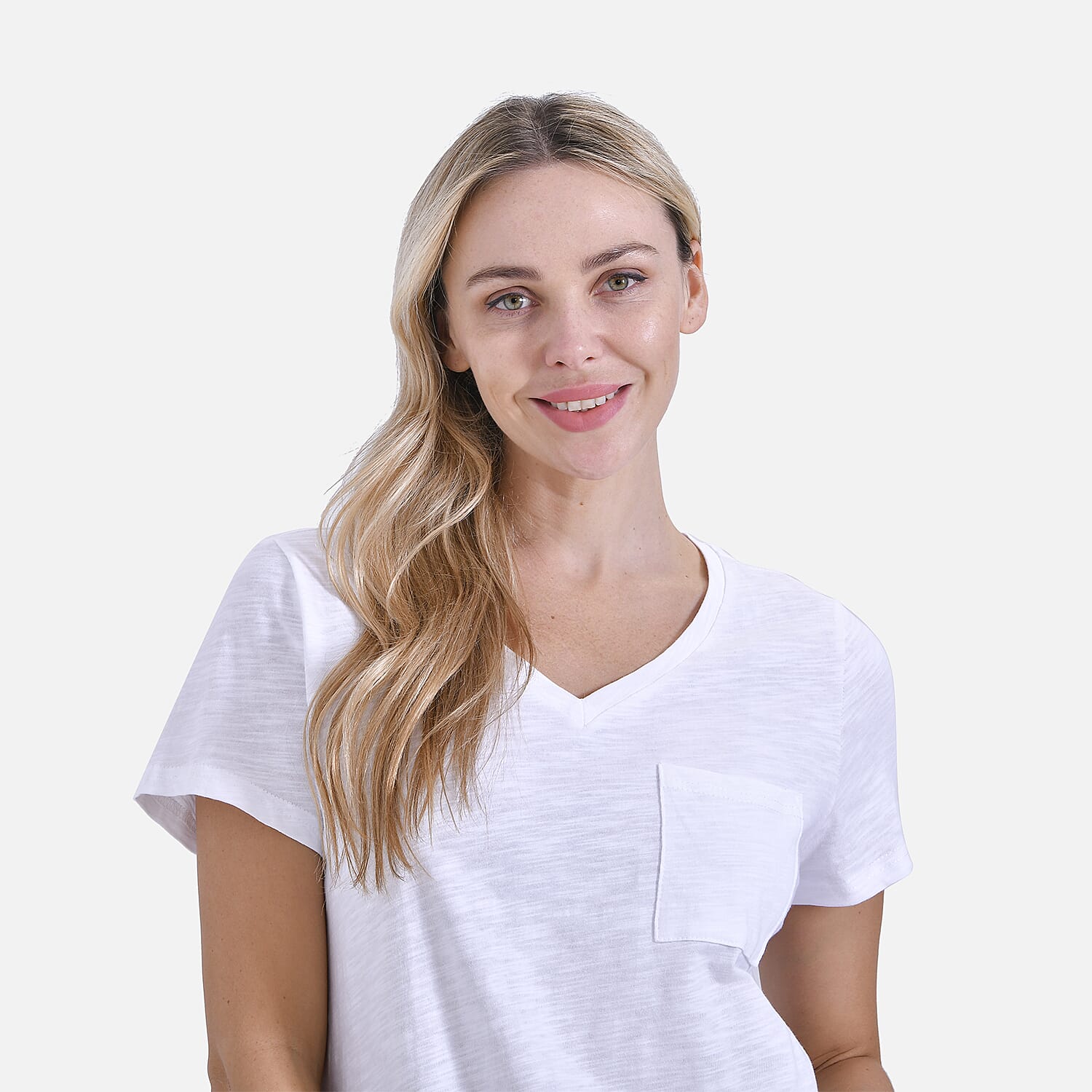 La Marey 100% Cotton Short Sleeve V-Neck Top with Pocket (Size XL) - White 7979995 5
