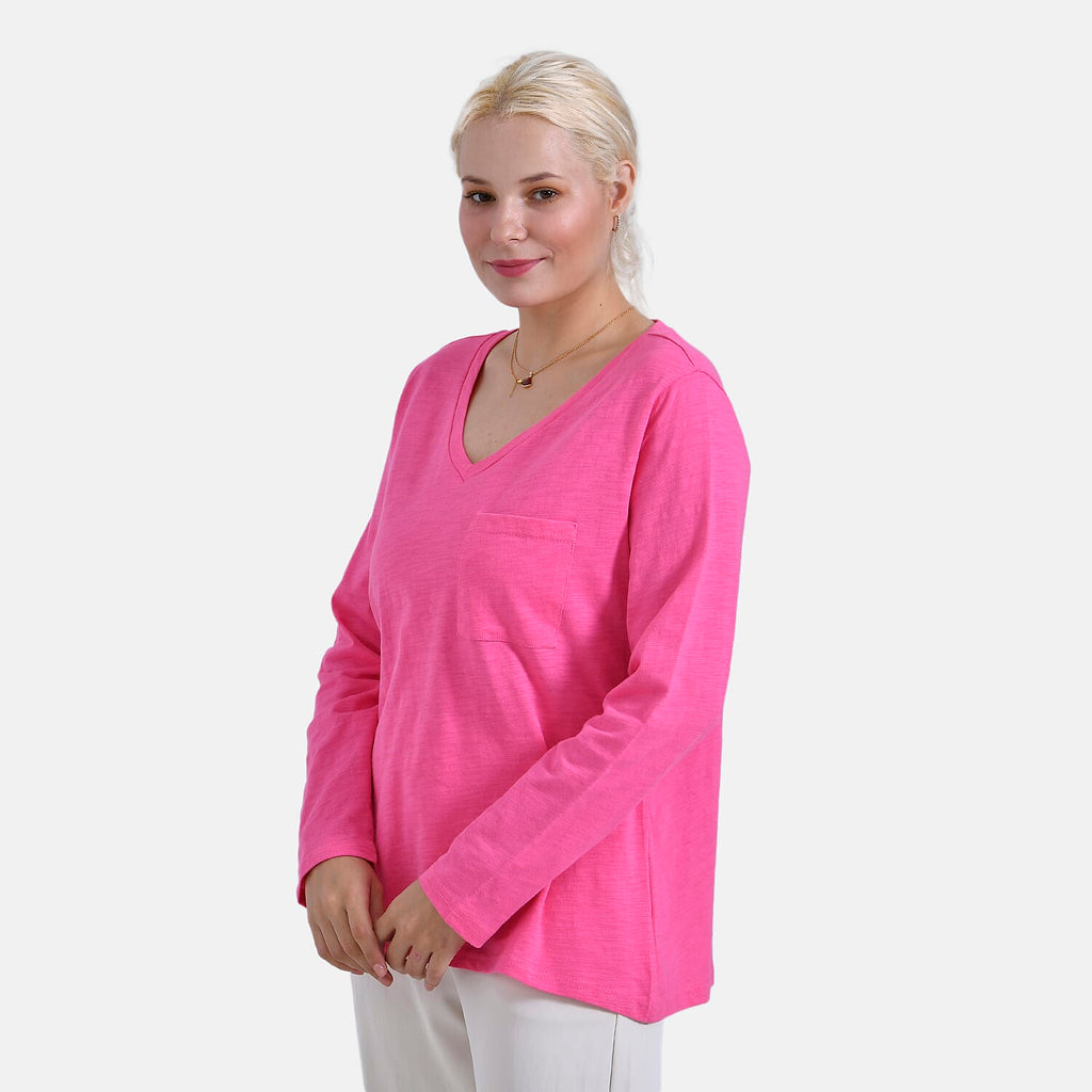 La Marey 100% Cotton V-Neck Long Sleeve Classic Top (Sze 16 to 18) - Pink