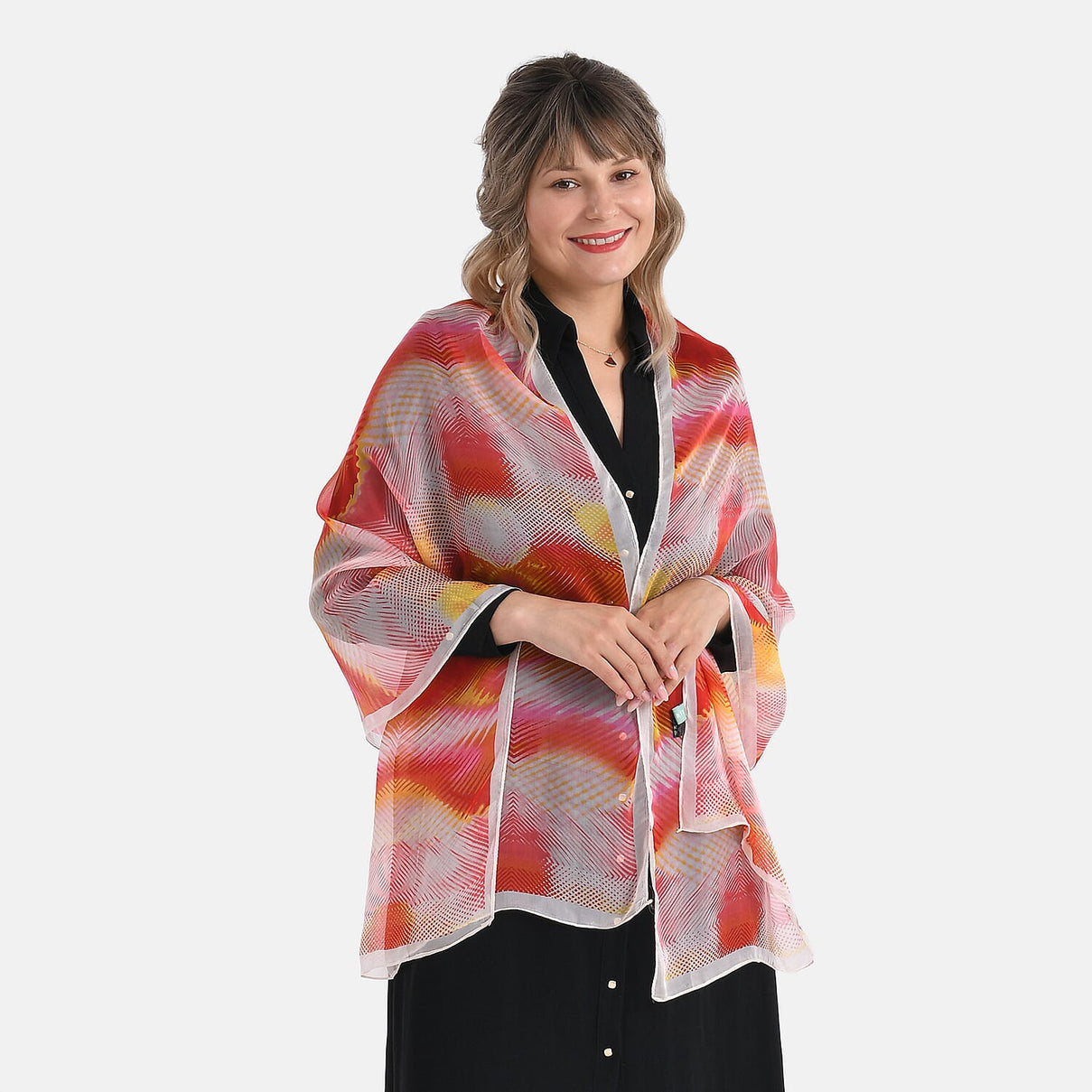 La Marey Abstract Print Mulberry Silk Scarf (Size- 175x65cm) - Red, Orange &amp; Yellow 8167965 0