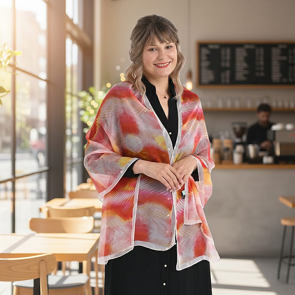 La Marey Abstract Print Mulberry Silk Scarf (Size- 175x65cm) - Red, Orange &amp; Yellow 8167965 2