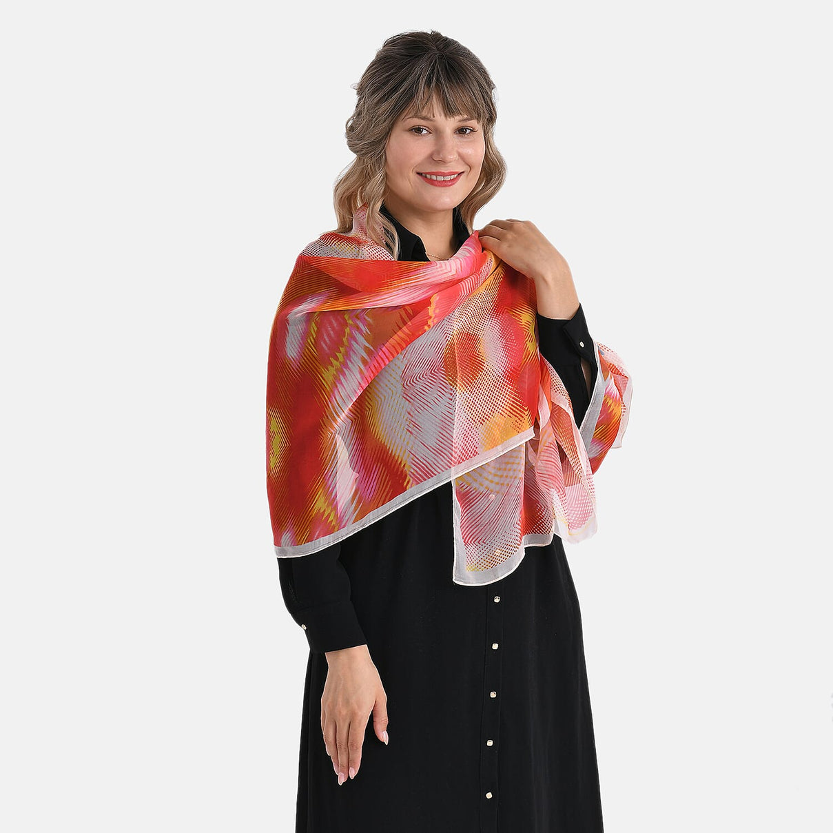 La Marey Abstract Print Mulberry Silk Scarf (Size- 175x65cm) - Red, Orange &amp; Yellow 8167965 3