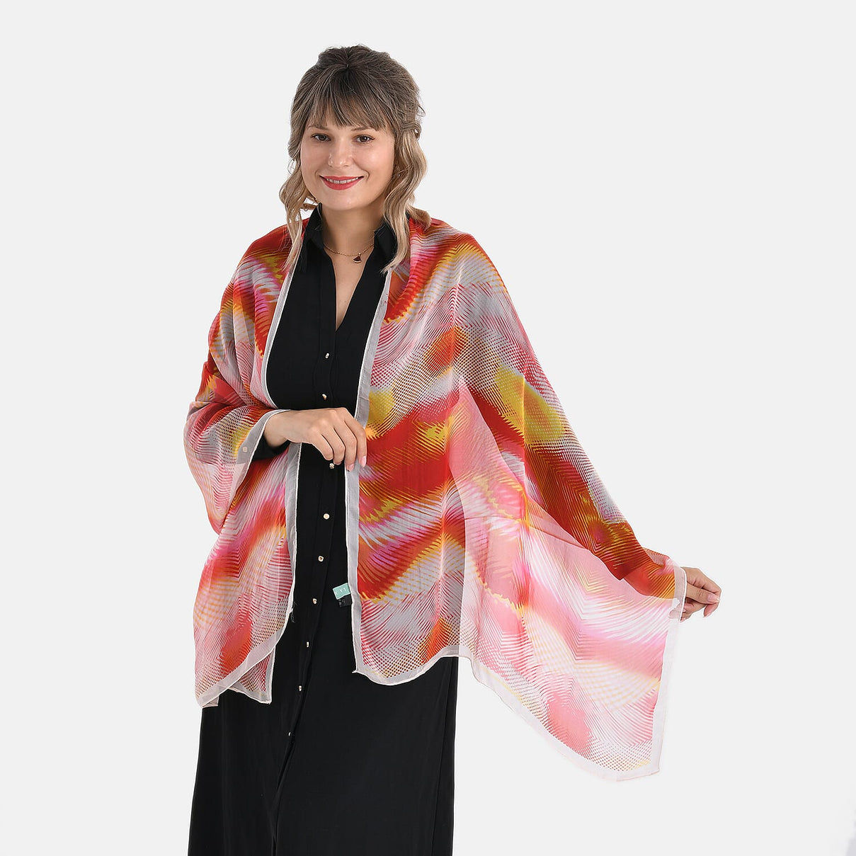 La Marey Abstract Print Mulberry Silk Scarf (Size- 175x65cm) - Red, Orange &amp; Yellow 8167965 5