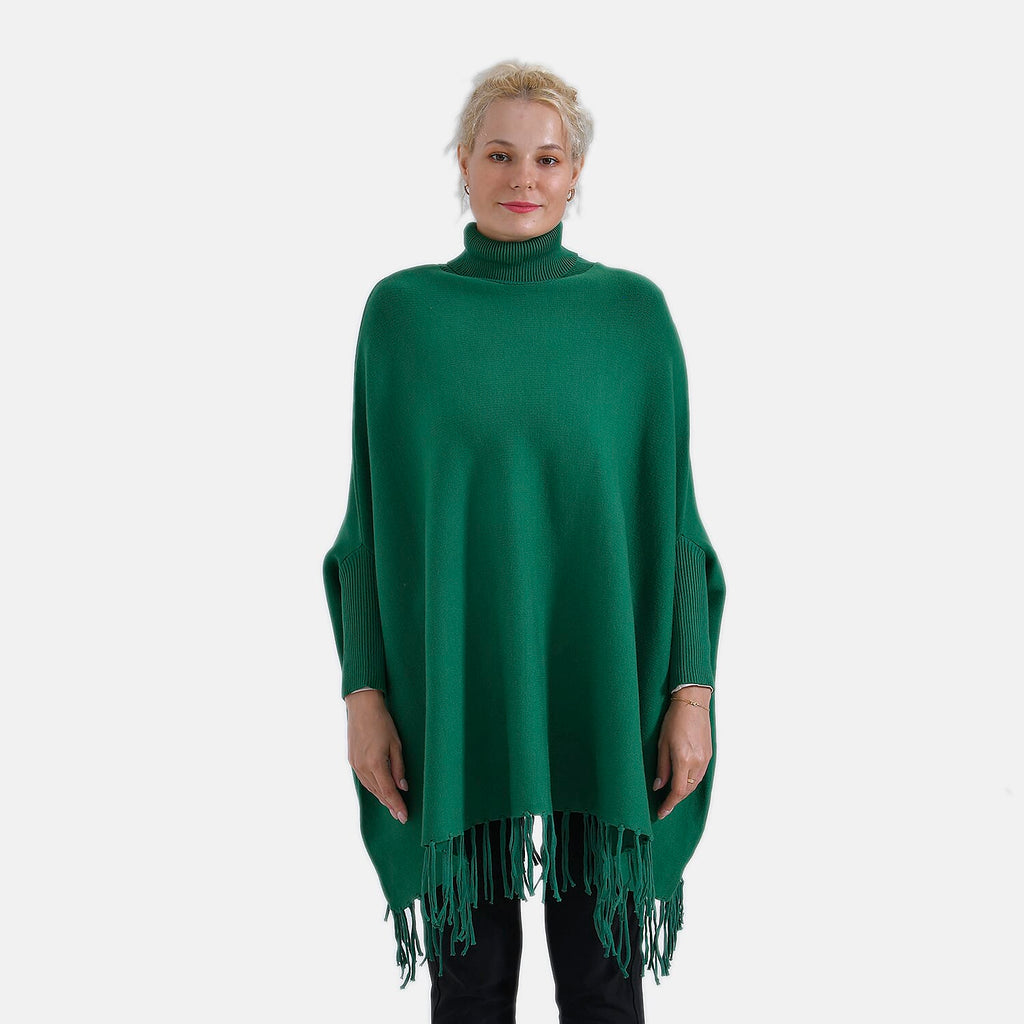 La Marey High Tie Tassel Poncho (One Size) - Green