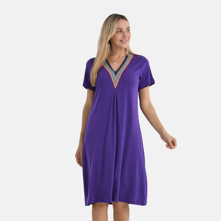 La Marey Casual Short Sleeve V-Neck Midi Dress with Embroidered Lace Trim (Size L) - Purple 8101120 1