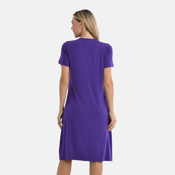 La Marey Casual Short Sleeve V-Neck Midi Dress with Embroidered Lace Trim (Size L) - Purple 8101120 2