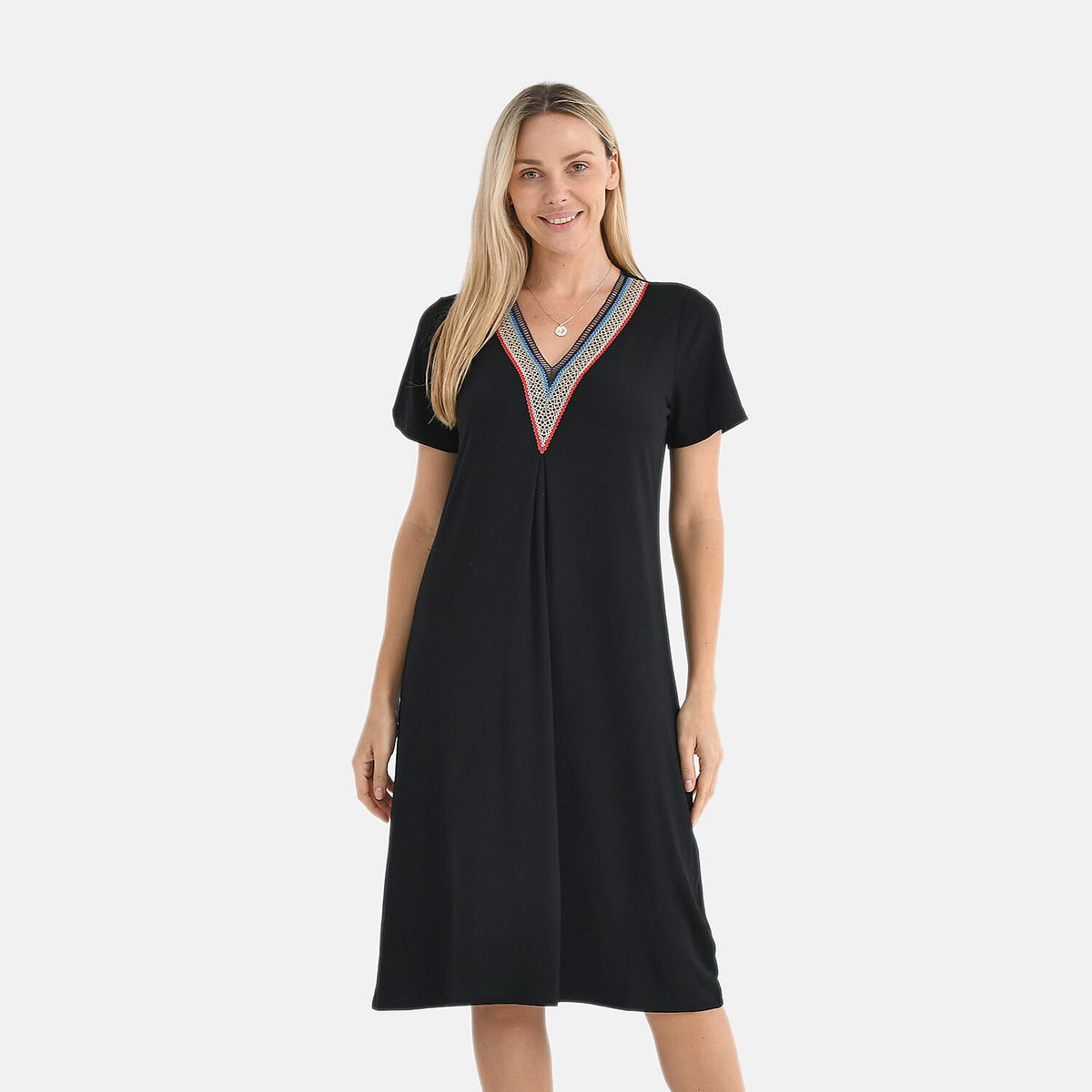La Marey Casual Short Sleeve V-Neck Midi Dress with Embroidered Lace Trim (Size M) - Black 8101130 0