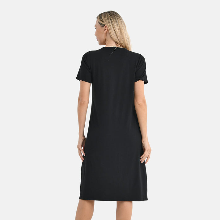 La Marey Casual Short Sleeve V-Neck Midi Dress with Embroidered Lace Trim (Size M) - Black 8101130 2
