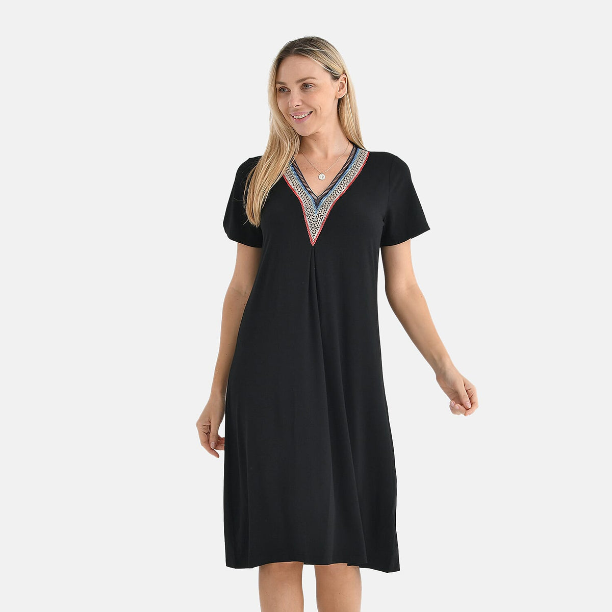 La Marey Casual Short Sleeve V-Neck Midi Dress with Embroidered Lace Trim (Size M) - Black 8101130 4