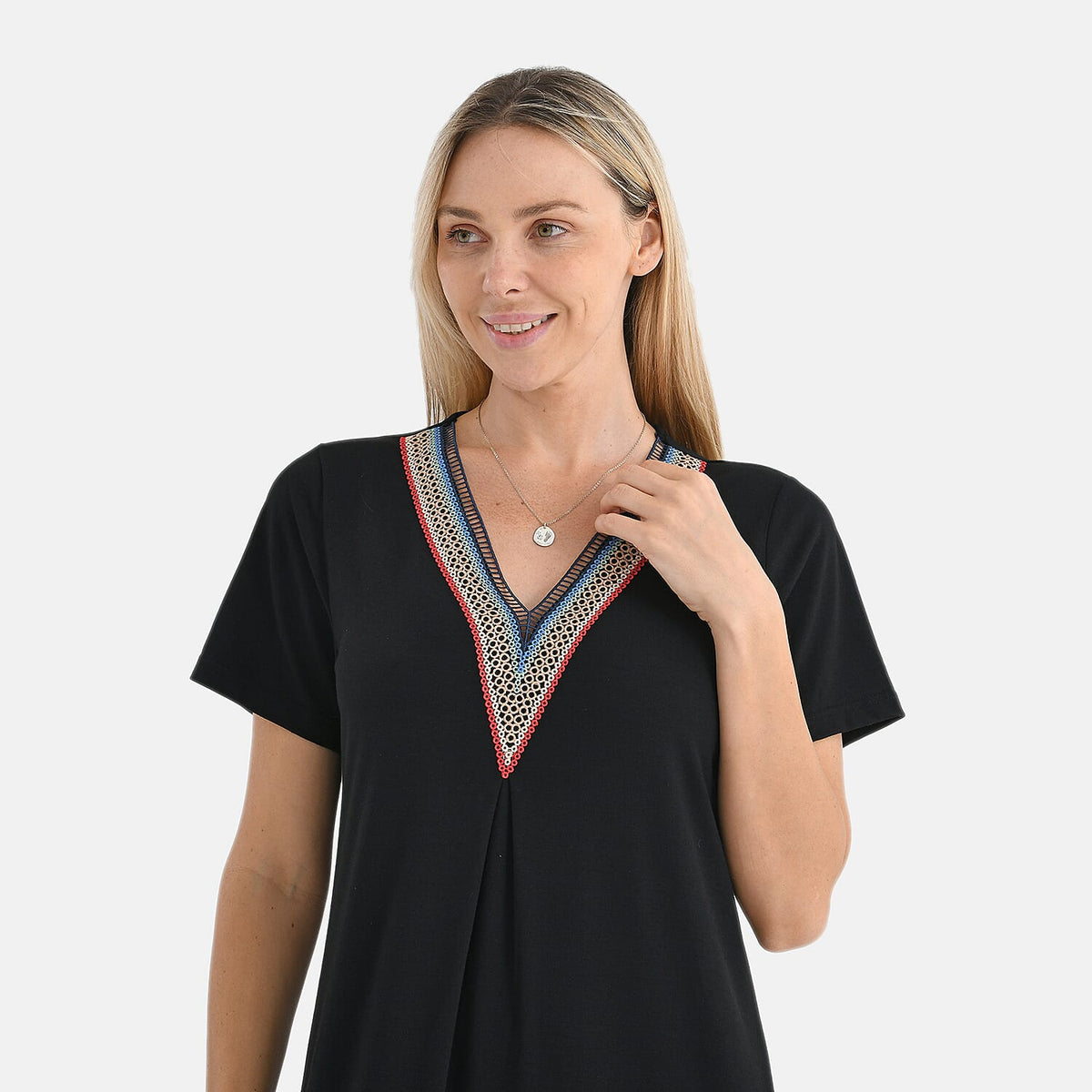 La Marey Casual Short Sleeve V-Neck Midi Dress with Embroidered Lace Trim (Size M) - Black 8101130 5