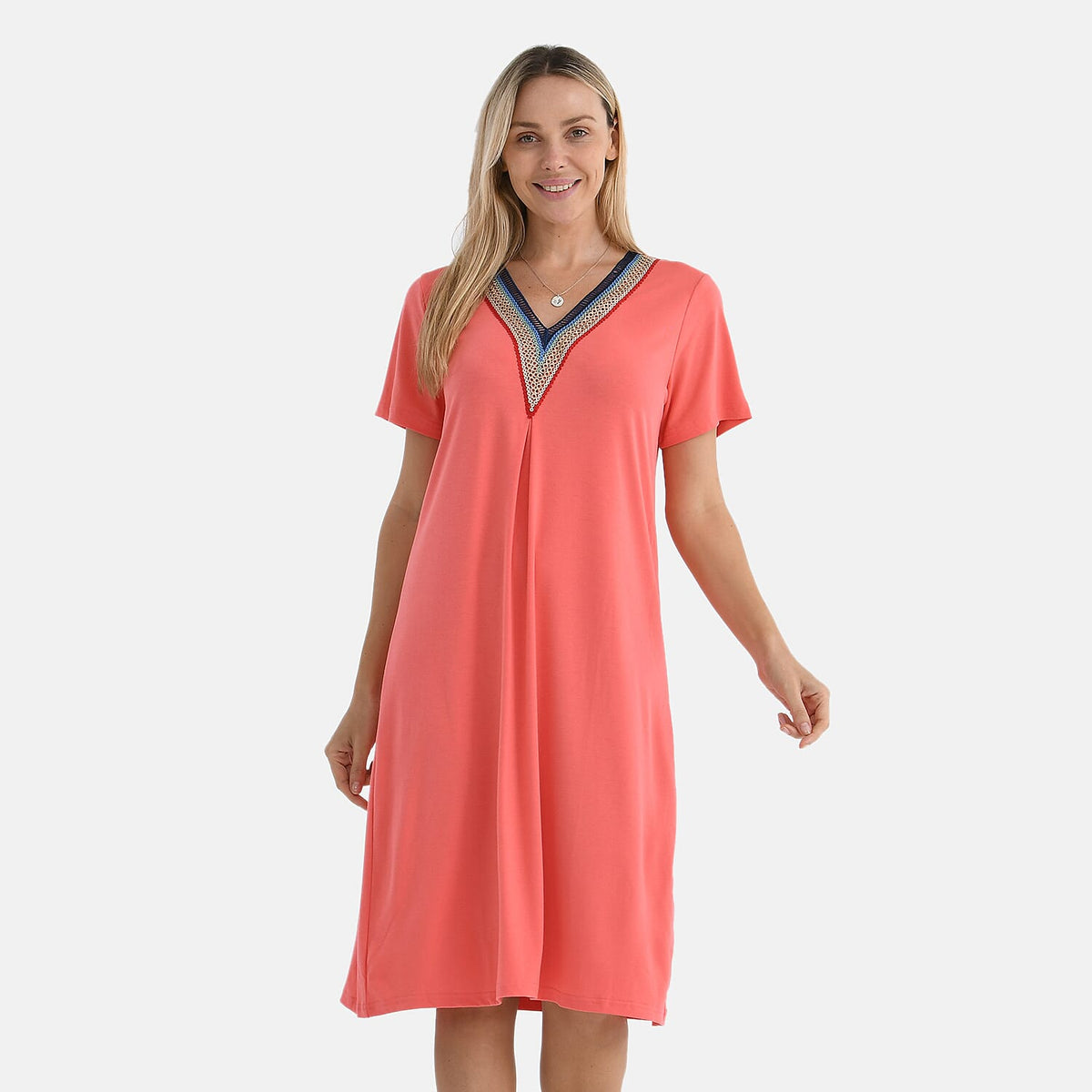 La Marey Casual Short Sleeve V-Neck Midi Dress with Embroidered Lace Trim (Size XL) - Orange V32527610 0