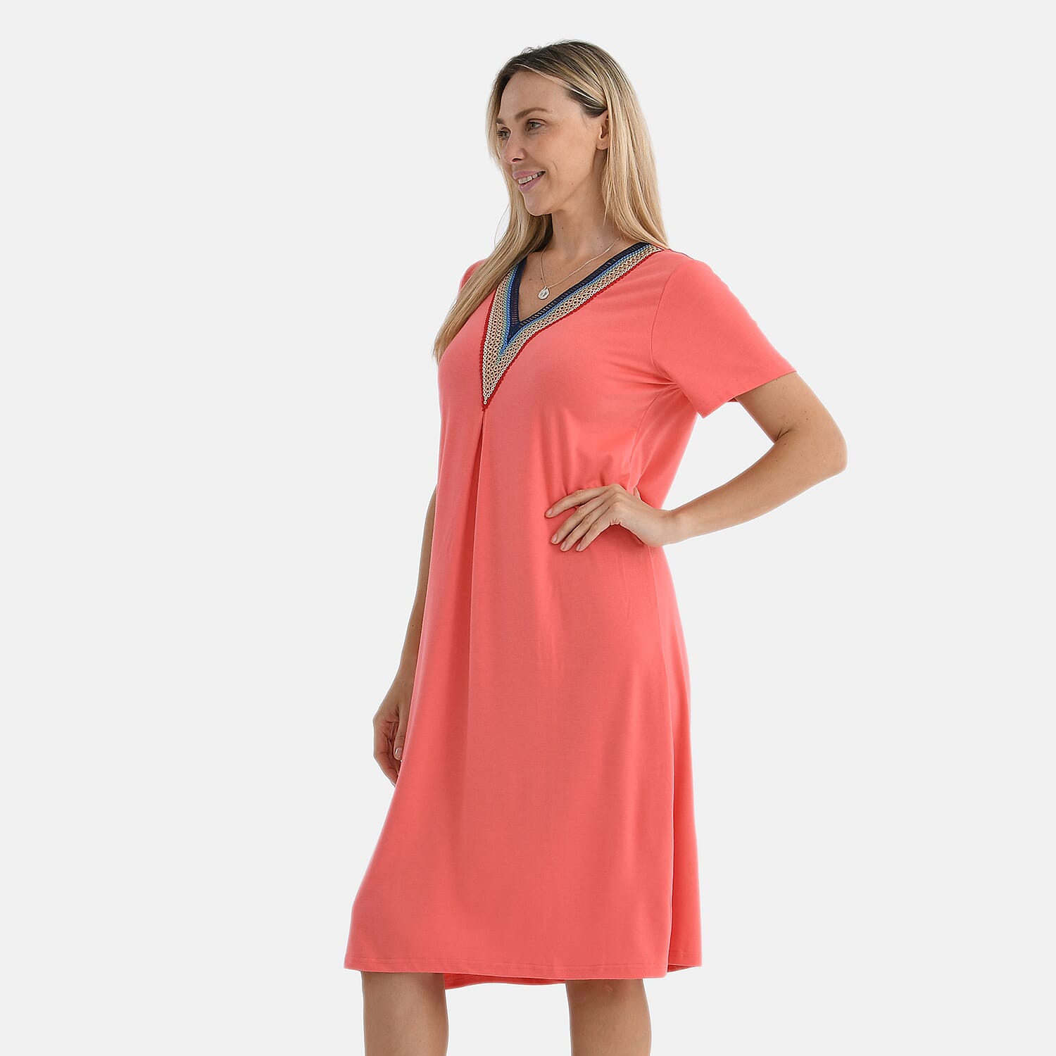 La Marey Casual Short Sleeve V-Neck Midi Dress with Embroidered Lace Trim (Size XL) - Orange V32527610 3
