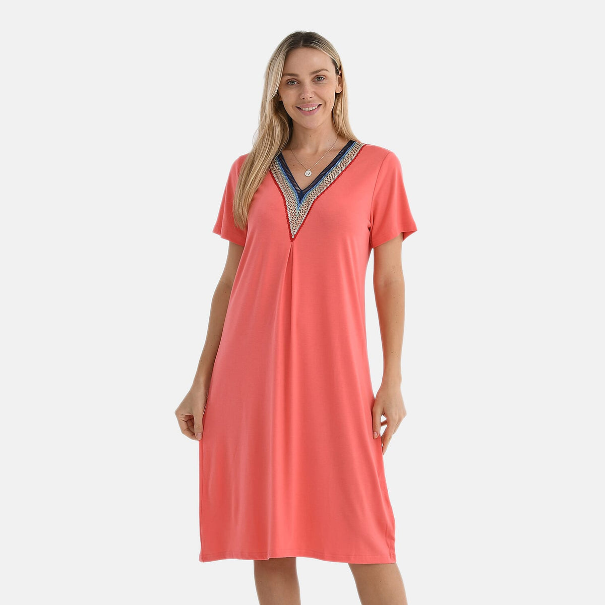 La Marey Casual Short Sleeve V-Neck Midi Dress with Embroidered Lace Trim (Size XL) - Orange V32527610 4