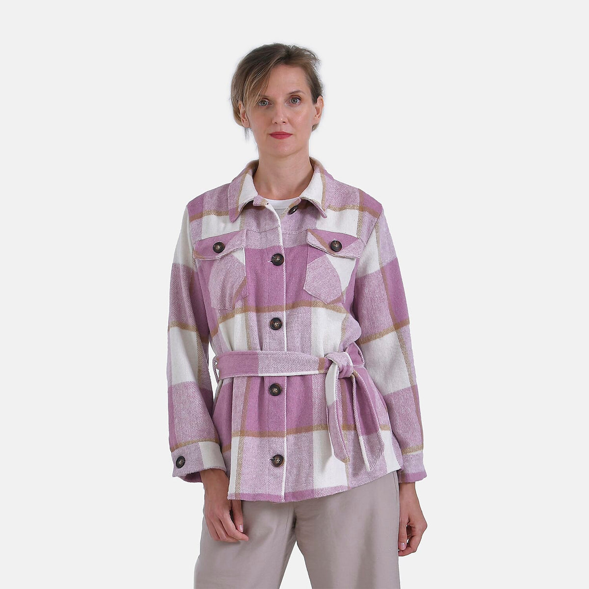 La Marey Checked Belted Winter Shirt (Size 20 to 22) - Pink 7874428 0