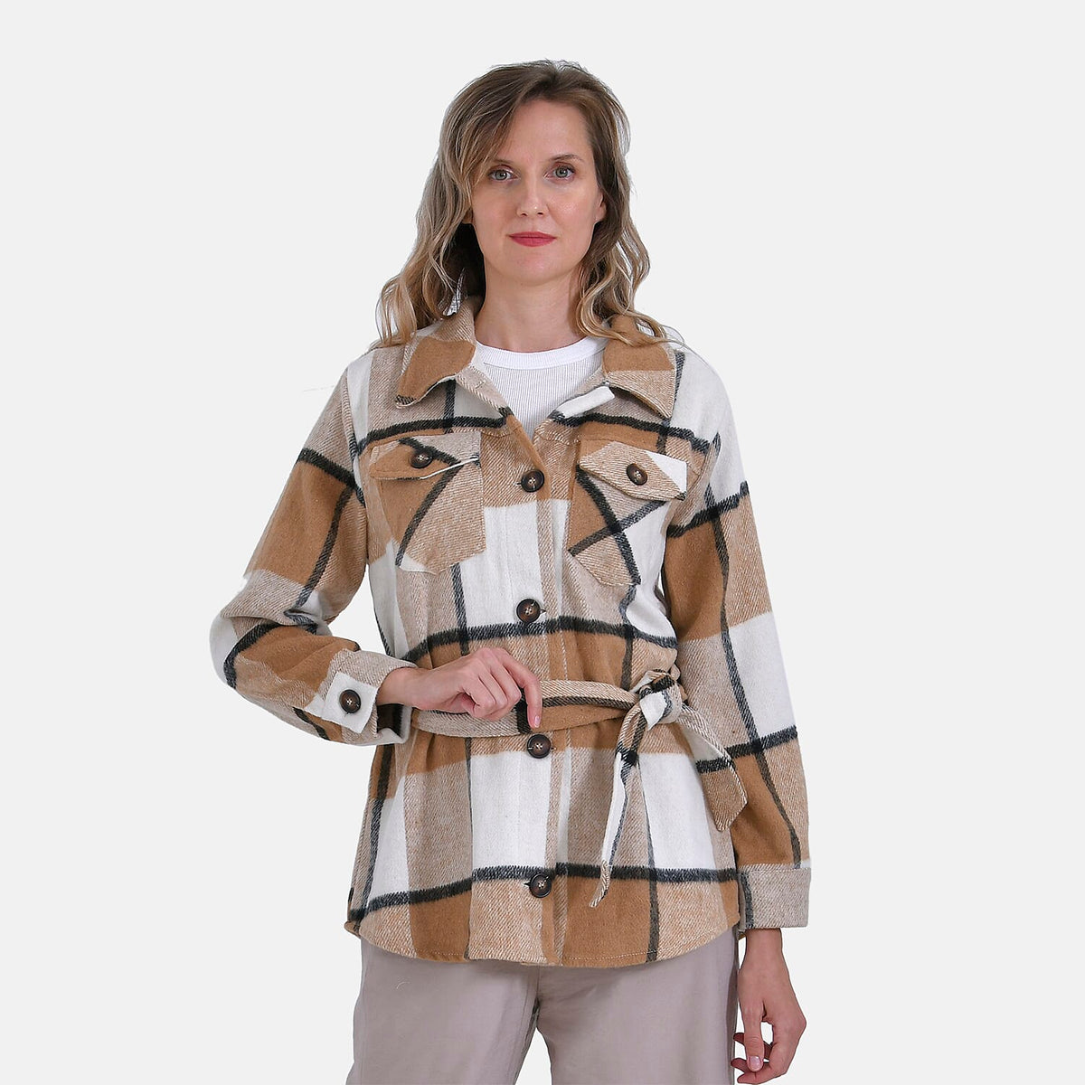 La Marey Checked Belted Winter Shirt (Size 16 to 18) - Brown V32698622 0