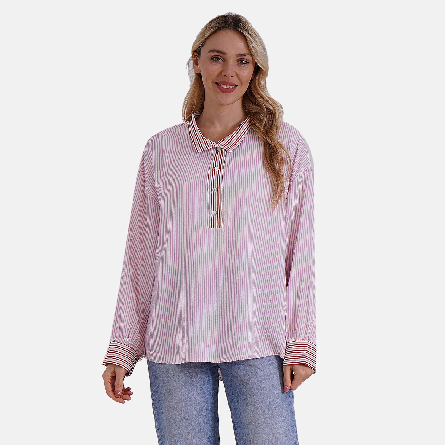 La Marey Colour Block Stripe Design Shirt (Size L, 16-18) - Pink, White &amp; Red Strips 8034708 0